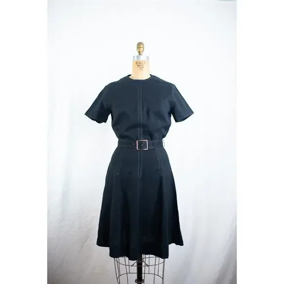 Vintage 60s Black Rayon Blend Mini Dress, Classic A-Line Retro Rockabilly, Small - Picture 9 of 13